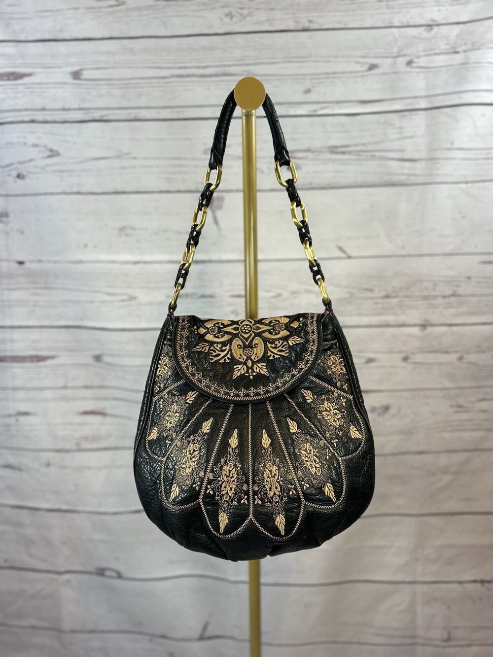 Isabella Fiore Black Leather Embroidered Hobo Shoulder Bag Floral Boho Artisan
